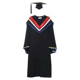 Custom made graduation gown of bachelor's Law School of Macao University of science and technology, black square graduation cap, red V-neck shawl, bachelor's graduation gown shop DA173 Custom made graduation gown of bachelor's Law School of Macao University of science and technology, black square graduation cap, red V-neck shawl, bachelor's graduation gown shop DA173